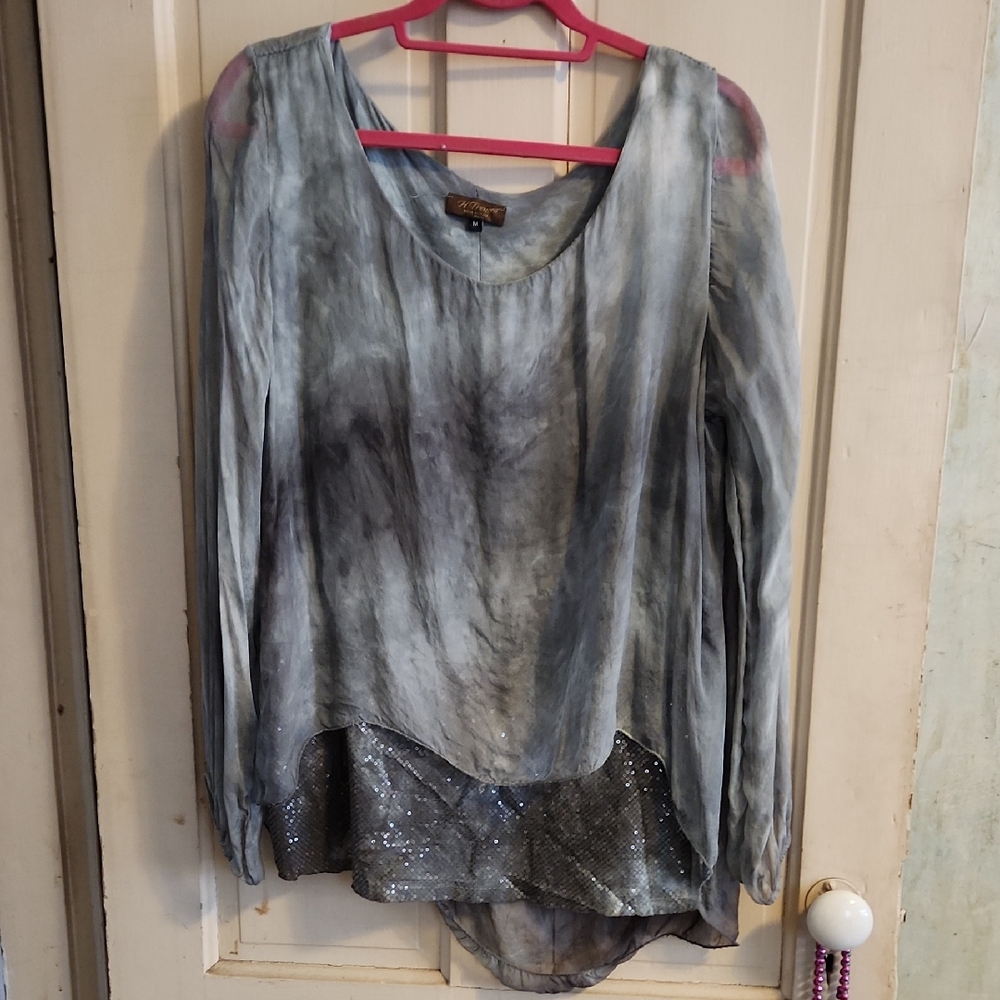 H Trend Green/Gray Long Sleeve Top with Sequin Hem